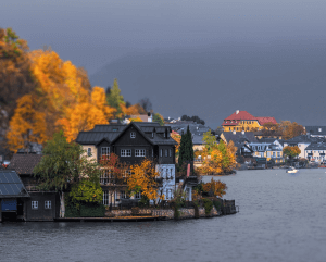Scenic lakeside village with autumn foliage