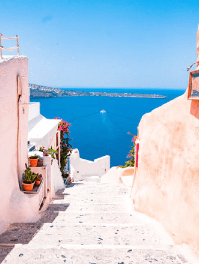 Picturesque view of Santorini steps and ocean