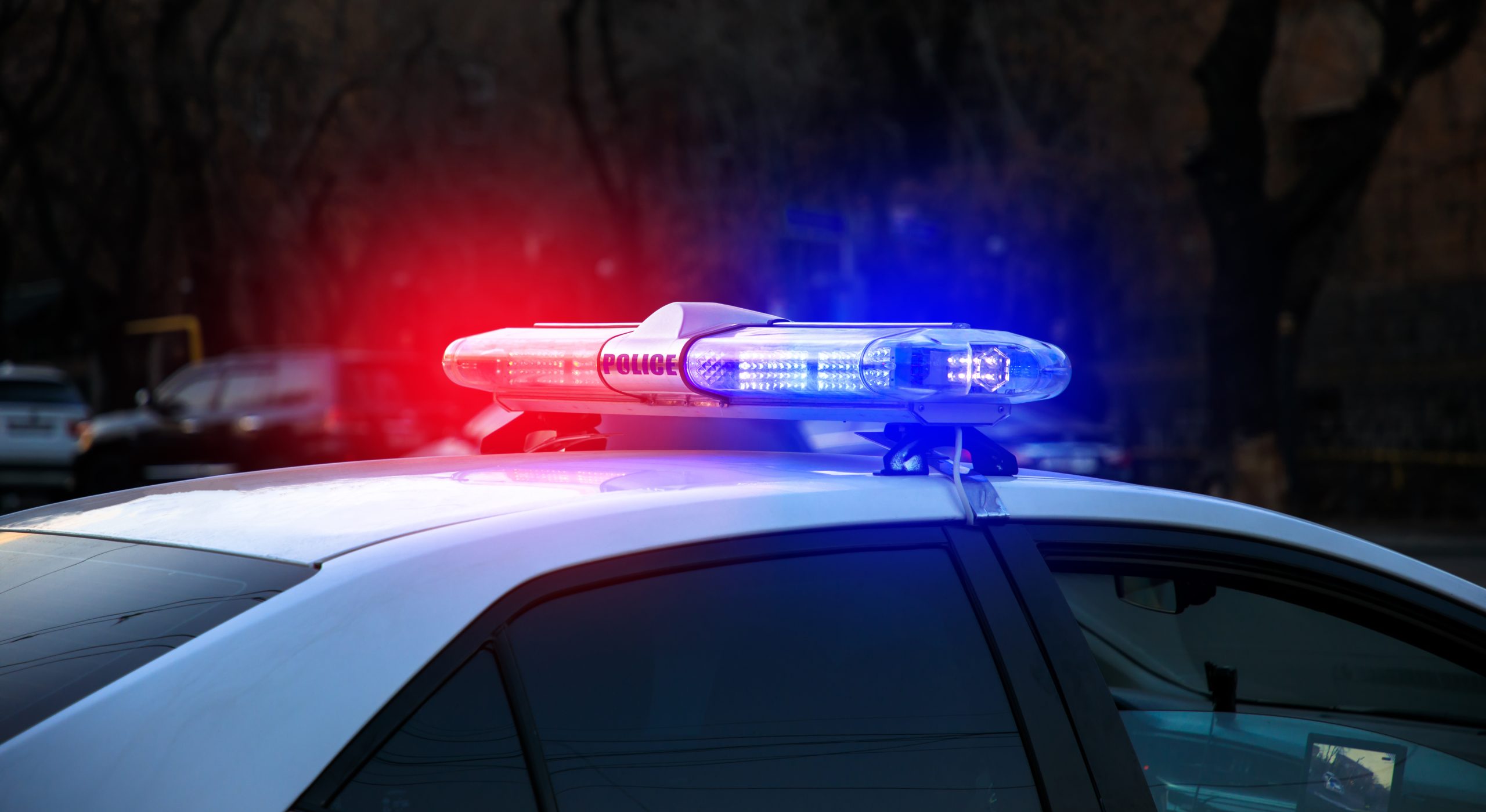 Police car with flashing lights at night